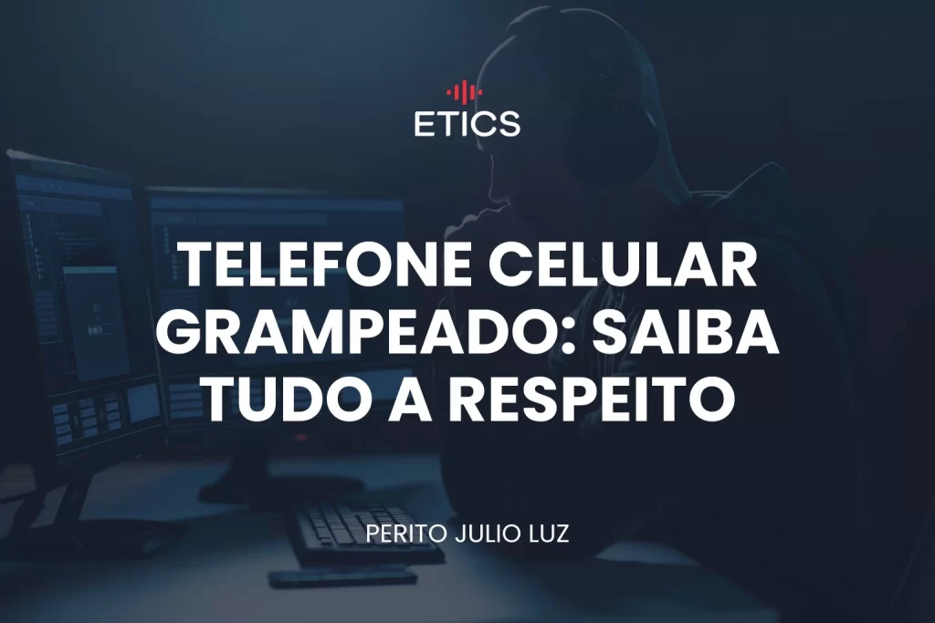 Celular com ícone de escuta e ondas de áudio ao fundo, simbolizando suspeita de telefone grampeado e monitoramento de comunicações.
